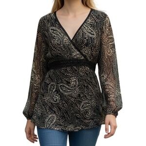 ICE Y2K Silk Babydoll Top Womens L Black Abstract Paisley Lined Whimsigoth Boho